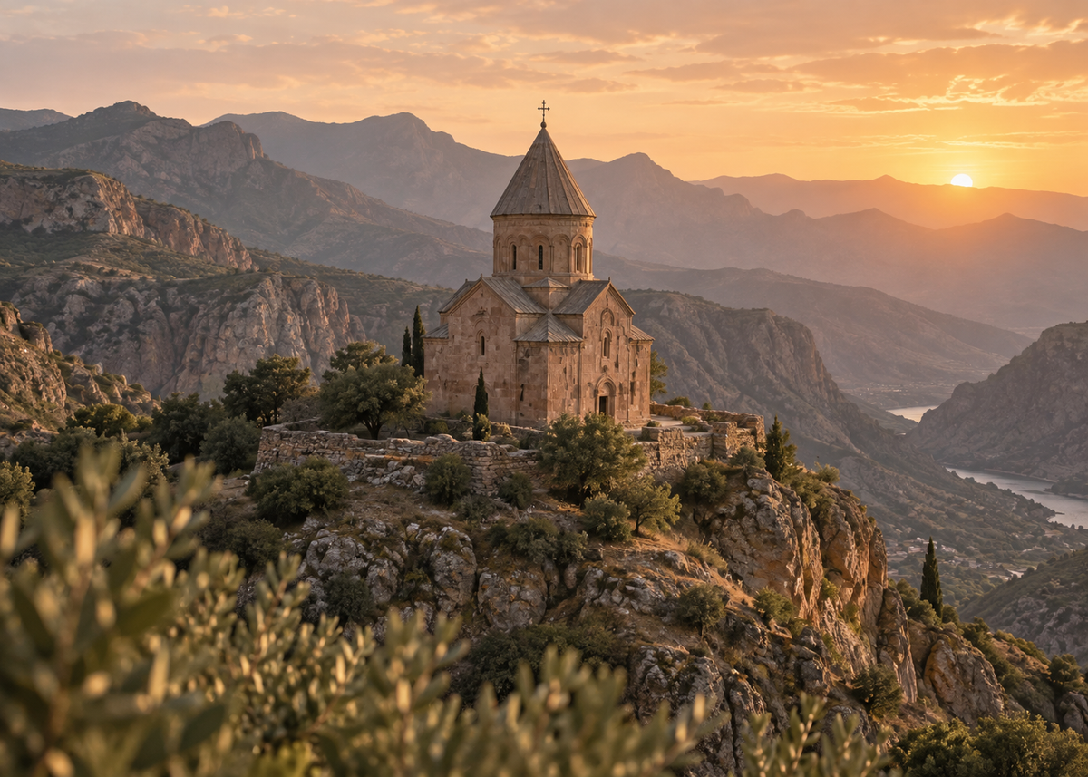 Armenian-inspired stone architecture in a warm mountain landscape